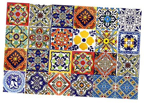 ARTIBETTER Selbstklebende Bodenfliesenaufkleber 24 Stück Mexikanische Fliesen Vinyl 10x10cm Vintage Blumenmuster Für Badezimmer Küche Möbel Wanddeko