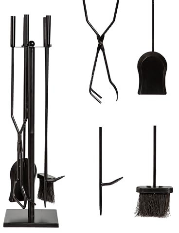 Evergreen 5 Piece Hand Forged Iron Fireplace Tool Set 30 | Black Wrought Iron Handle for Outdoor Indoor | Stand Poker Shovel Brush Log Tongs Wood Stove Accessory