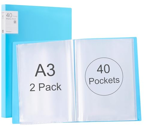 Srvnpioy 2 Stück A3 Päsentationsdisplay Buch, Sichtbuch in A3 Format, Mit 40 Klarsichthüllen für 80 Blatt, für Kunstwerke, Urkunden, Portfolio, Blau