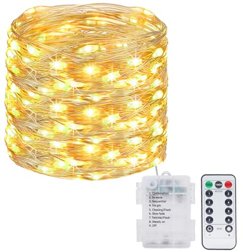 kolpop 1 Stück Lichterkette Batterie, 12M 120 LED 8 Modi Draht mit Fernbedienung und Timer Wasserdicht für Außen Innen Weihnachtsbaum Deko, Warmweiß