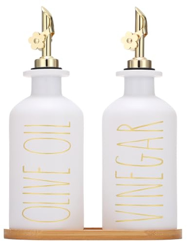 HOMCDALY Premium Olive Oil Dispenser for Kitchen, 11.8oz Glass Oil Bottles with Bamboo Tray, White and Gold Oil&Vinegar Cruet Set, Kitchen Dispenser Bottles with Pourer| Set of 2 (11.8oz –P–Gold)