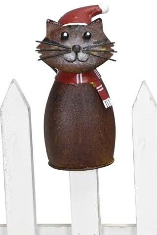 Posiwio lustiger winterlicher Zaunhocker als Katze Maus Eule und Rabe mit Nikolausmütze und weiß-rotem Schal aus Metall in rostoptik Verschiedene Motive zur Auswahl (Katze)