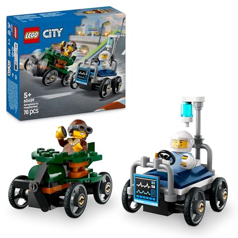 LEGO City Pack de Coches de Carreras: Avión vs. Cama de Hospital de Juguete, Autos Locos de Carreras con 2 Minifiguras de Piloto y Paciente, Regalo para Niños y Niñas de 5 Años o Más 60459