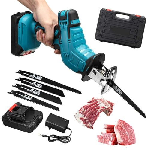 JMbpkduHs Sega Elettrica per Ossa, Seghe Alternative per Carne Senza Fili, Potente Kit Sega Manuale, Luce LED + Scatola Portaoggetti, Motore Brushless, per Taglio di Legno E Metallo,21v