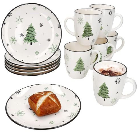 MamboCat Sapin de Noël - Service de petit-déjeuner 12 pièces - 6 petites assiettes à petit-déjeuner et 6 tasses à café pour 6 personnes - Avec sapin et flocons de neige - Noël