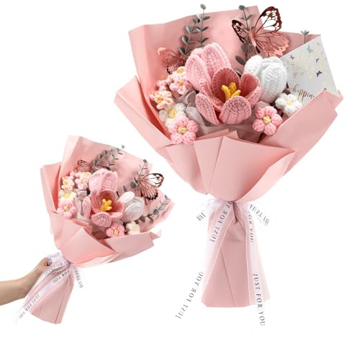 Fanfanwin Mother's Day Crochet Flowers Bouquet Gifts Wedding Favors Handmade Tulips Knitted Flowers with Butterfly Card for Wife Lover Anniversary Teacher Nurse Graduation Birthday Party(Pink)