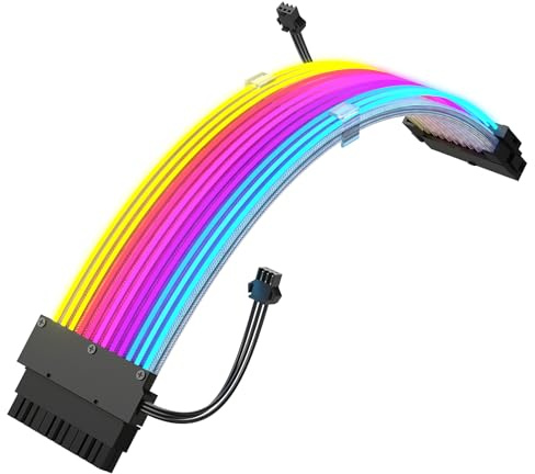 J&D Câble d'alimentation RGB 24 Broches, Design en Fibre Optique Ruban avec 24 Perles LED, Câble de Prolongation RGB Durable pour Connecteur ARGB 5V 3 Broches, Câble Tressé en Alu Blanc, 24,5 cm