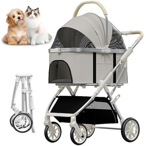RUYICZB Hundewagen 3In1 Hundebuggy Bis 20Kg Hundebox Transporttasche 360° Große Räder Faltbar Klappbar Haustiere Buggy Netzfenstern & Ablagekorb Jogger Katzenbuggy Für Kleine Hunde Katzen,Weiß