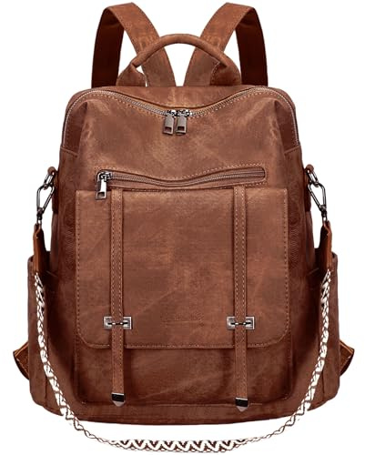 Leathario Rucksakck Damen Wasserdicht,Veganes Leder Cityrucksack,Rucksackhandtasche Mittelgroß, Diebstahlsich Tagesrucksack für Büro,Pendeln,Arbeit,Leicht Elegant Backpack Women Groß für Reise,Braun