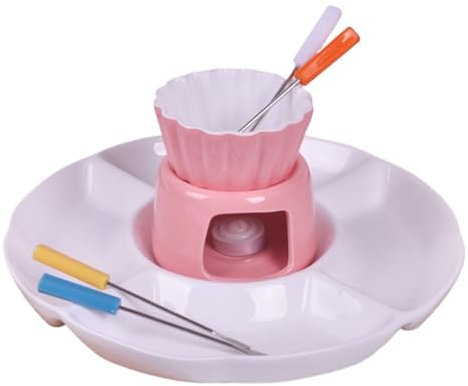 KANLVU Set à Fondue Au Chocolat avec Fourchette, Céramique Fromage Beurre Caramel Service à Fondue avec Plateaux Appareil Fondue Chocolat(Pink)
