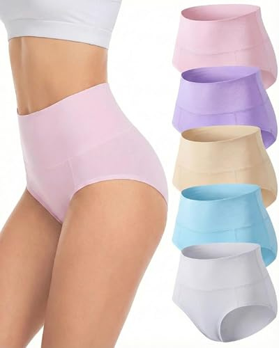 TDONE Underwear Women, High Waisted Cotton Tummy Control Knickers Comfortable Full Briefs Women Multipack Breathable Ladies Cotton Knickers Soft Panties(5 Pack)
