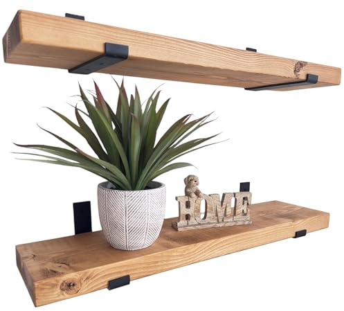 Handmade Rustic Wooden Floating Shelves | Set of 2 | Heavy-Duty Wall Shelves with Black Seated Brackets – Ideal for Kitchen, Living Room, Bedroom & Bathroom Storage & Décor (Set of 2, 40cm)