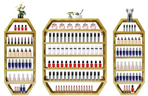 LIAIZE 3 juegos de estantes de metal para esmalte de uñas, 6 niveles, octogonal, soporte multifuncional para esmalte de uñas, organizador de maquillaje, soporte para pintalabios, exhibición (dorado)