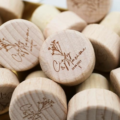 Personalisierte Hochzeitsweinkorken, individuell gravierte Weinstopfen aus Holz, Hochzeitsgeschenke für Gäste (50 Stück)