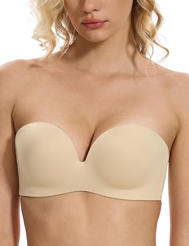 WingsLove Women's Strapless Push Up Bra Seamless with Hidden Underwire Multiway Plunge Padded Half Cup Smooth T-Shirt Support Bras (Nude,34B)