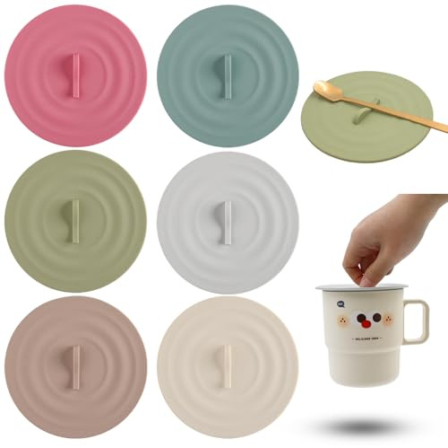 6 PCS Silicone Lids for Cups, Morandi Colored Cup Covers for Drink, Anti-dust Seal Airtight Cup Cover with Spoon Holder (style 1)