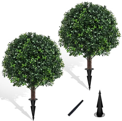 Grewyear Artificial Boxwood Topiary Ball Bush for Outdoor with Spike, Set of 2 UV Resistant Faux Boxwood Ball Tree with Stake, Weatherproof Fake Round Topiary Shrub Plant for Front Porch Planter