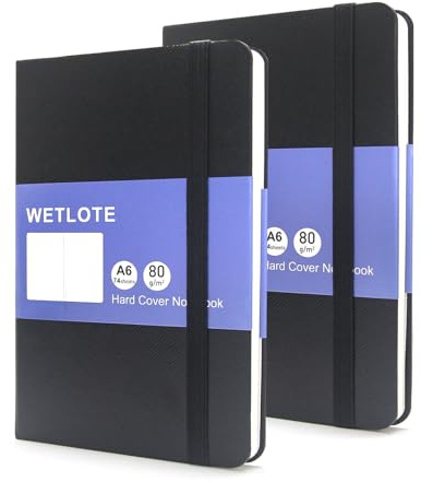 WETLOTE Notizbuch A6 Blanko 2er Set, Hardcover mit 80gsm Papier, je 74 Blatt, Farbigem Kartoneinband für Frauen Männer, Skizzen, Zeichnen und Schreiben, 9 x 14cm (Doppelpack Schwarz)