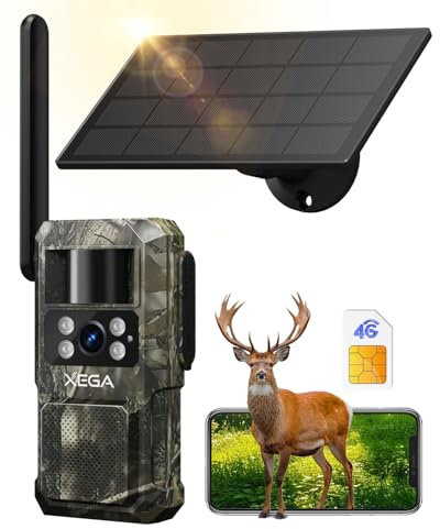 Xega 4G LTE Wildkamera mit SIM Karte, Ohne WLAN Solar Wildtierkamera mit Handyübertragung App, PIR Bewegungsmelder, 950nm No-Glow Infrarot Nachtsichkamera 7800mAh Akku, 0,2s Auslösezeit 2 Wege Audio
