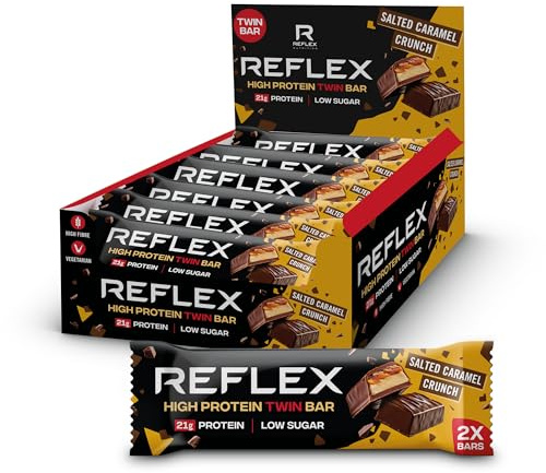 Reflex High Protein Bars, High Fibre, Salted Caramel Crunch, 12x60g | Twin bars with 21g protein. Low calorie, low sugar and vegetarian with great taste, texture and chocolate flavour.