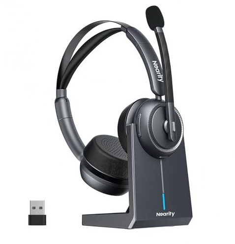 NEARITY EP320 Casque sans fil avec micro pour le travail, casque Bluetooth antibruit, casque USB avec microphone pour PC, support de charge, dongle de type A, bouton muet pour bureau/maison/centre