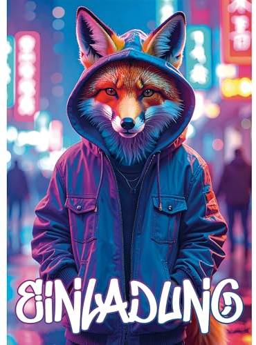 Moosthaler Street Fox Einladungskarten Kindergeburtstag | 12 Karten, Fuchs im Hoodie, Neon Streetstyle Motiv, Street Fox