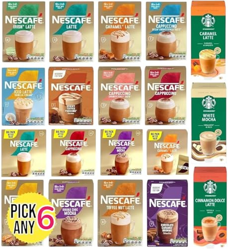 Nescafe Instant Coffee Sachets Pick Any 6 Packs From 20+ Flavours Inc. Salted Caramel, Cappuccino, Decaf, Latte, vanilla, Mocha, Toffee Nut, Skinny, Almond, Starbucks and More.