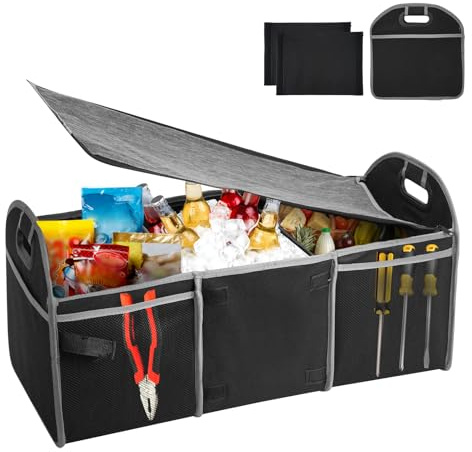 HMIEPRS Car Boot Organiser Storage, Collapsible Multi Compartment Car Accessories Boot Tidy with Waterproof Insulated Section, Large Capacity Camping Storage for SUV Truck, 600D Oxford Fabric, Black
