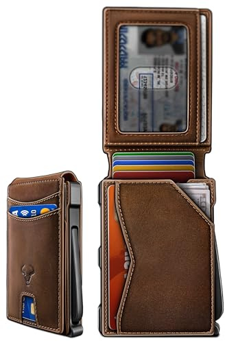 BULLIANT Men Wallet, Metal Wallet Money Clip Magnetic Flip Top Grain Leather 13 Cards Pop-up Access Simplifed Bill Folder