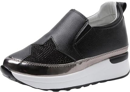 Xbemkste Damskor, skor för kvinnor, sneakers med luftkudde, kilklack, slip on tjock sula, sport fritidsskor dam linneskor, svart, 41 EU