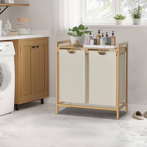 LILIIN Wäschekorb Bambus Wäschesortierer mit 2 Fächern, 72L Wäschesortiersystem aus Oxford-Stoff, abnehmbar und waschbar, 73x64x33,5cm, Beige