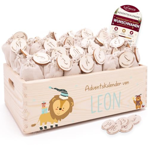Personalisierter Adventskalender 2026 zum Befüllen mit Holzzahlen | Tolle Weihnachtsdeko aus Holz, Weihnachtskalender mit Tüten für Geschenke Mädchen & Jungen (40 x 30 x 14 cm)