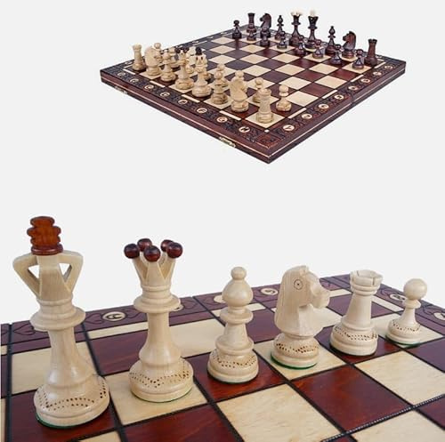 Senator Elegantes Schachspiel, Handgefertigte Holzfiguren, Mahagoni und Ahorn Schachbrett mit Verzierungen, 41 x 41 cm, Klappbares Spielbrett mit Aufbewahrung