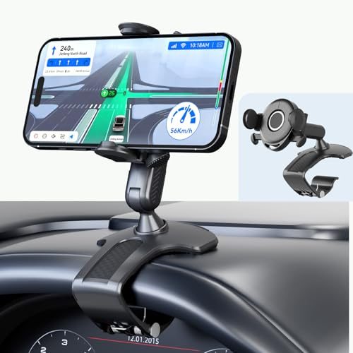 APHEKUL Universal 360° Dashboard Phone Holder – Clip-On Car Phone Mount with One-Push Lock, Fits 4–7 Inch Smartphones, No Adhesive, Multi-Mount for Dashboard, Sun Visor, or Rearview Mirror (Black)