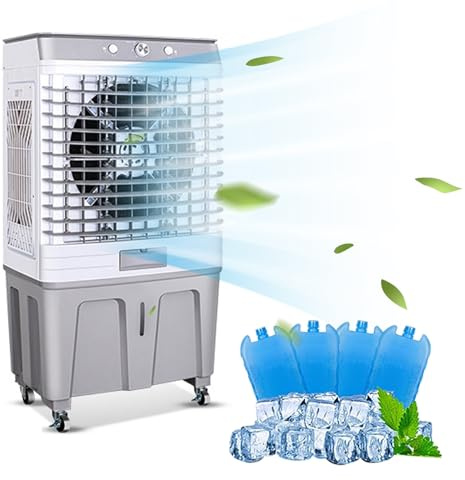 Ventilador enfriador de aire evaporativo, diseño 3 en 1, tanque de agua grande, múltiples velocidades de viento, amplia oscilación, portátil con ruedas para uso en interiores y exteriores