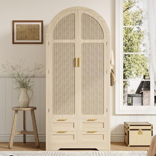RAPRAP Geschwungener Kleiderschrank Holz mit Rattan Türen und Schubladen, 2 Türen Kleiderschrank Klein Im Modernen Landhausstil, Stabile Beine für Schlafzimmer & Flur, 80x50x 179cm,Eiche,A