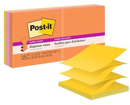 Post-it Super Sticky Dispenser Pop-up Notes, 6 Sticky Note Pads, 3 x 3 in., 2X The Sticking Power, New Year Organization or Second Semester School Supplies, Energy Boost Collection