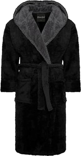 MICHAEL PAUL Dressing Gowns for Men | Super Soft Snuggle Hooded Dressing Gown |Men's Warm and Cozy Fleece Nightwear Robe | Gifts for Him BLACK grey L