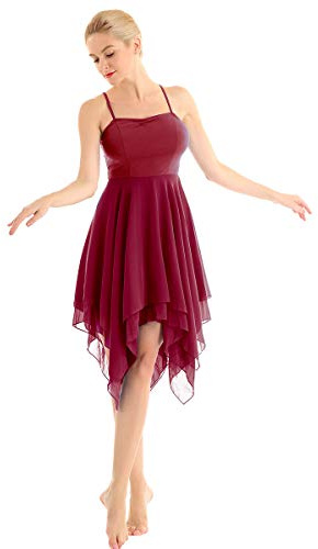 dPois Damdansklänning, balettklänning, ärmlös i chiffong, swing med spagettiband, asymmetriska dansdräkter, latin, rumba, tango, klänning, balsal dancewear, Vinröd, M