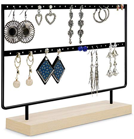 BELLE VOUS Schwarzer Metall-Schmuckständer Ohrringe mit Holzsockel - Ohrringe Halter 46 Löcher, 2 Ebenen Aufbewahrung für Ohrringe, Halsketten&Ohrstecker für Frauen&Mädchen, BVOUS-EOS1