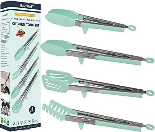4in1 Stainless Steel Kitchen Food Tongs Set for Cooking with BPA Free Silicone Tips, Toaster Steak Pie Pizza Pasta Spaghetti Noodles Salad Fruit Vegetable Grill BBQ Buffet Clamp Serving Tools Gadgets