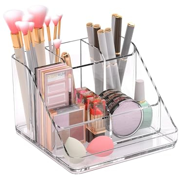 Ettori Makeup Organiser Tray,Vanity Cosmetic Organiser with 6-Compartment,High Clear Acrylic Countertop Storage for Cosmetic,Jewelry, Skincare,Stationery.