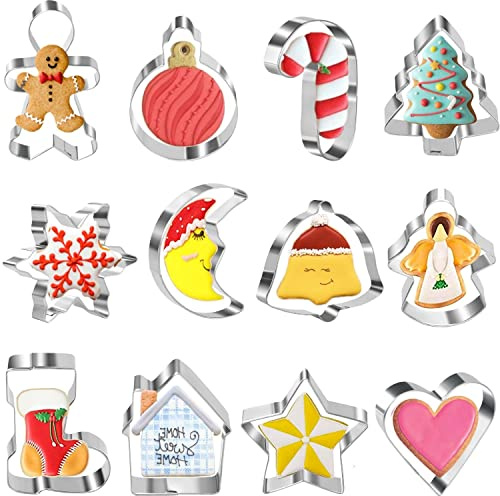 Mini Christmas Cookie Cutters Set of 12 Pieces Small Christmas Xmas Biscuit Cutters Star Tree Angel Bell Stocking Heart & More Shapes Stainless Steel for Holiday Baking