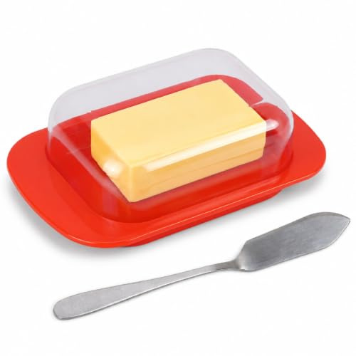 Butter Dish with Lid and Knife Spreader, Butter Keeper for Countertop,Butter Keeper Tray Portable Small Cheese Dish Holder Tray for Home Kitchen(red)
