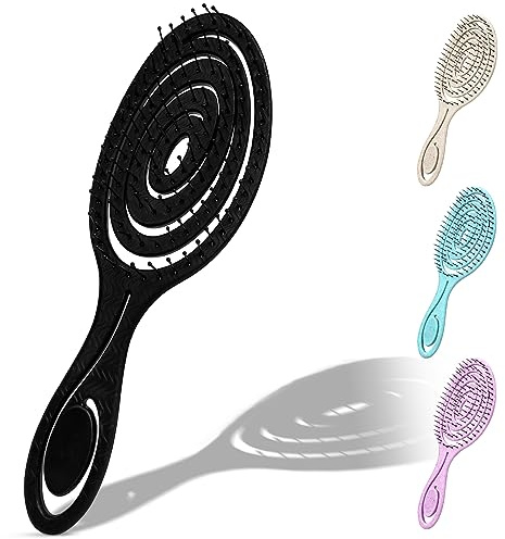 Flexible Soft Pin Bristle Hair Brush, Detangling Wet & Dry Hair Brush, Gentle Spiral Brushes for Women Men kids, Comfortable Vented Detangle Brush, Anti Static Hairbrush For All Hair Types (Black)