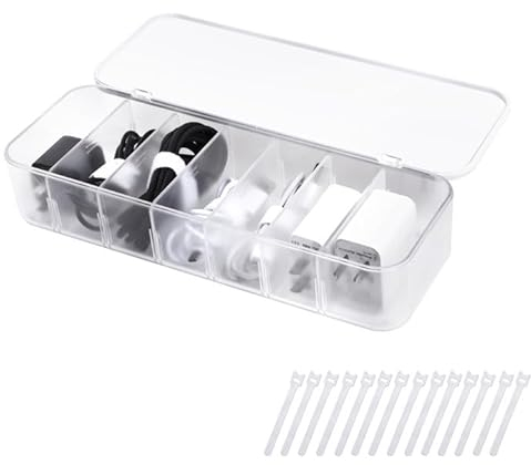 FRETONBA Scatola per la Conservazione dei Cavi, Scatola Trasparente per l'organizzazione dei Cavi con 7 Scomparti e 7 Fascette per la Scrivania per l'ufficio (1 PCS)