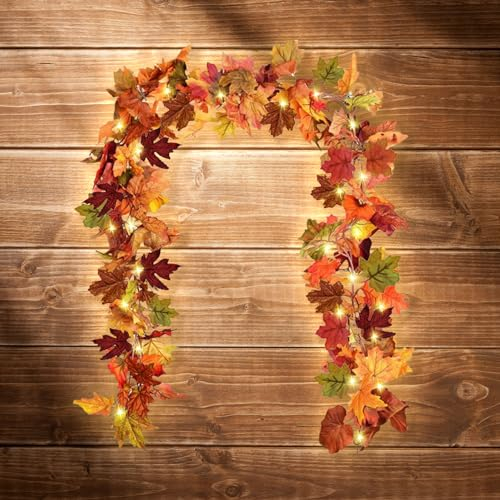Herbstdeko Herbstblätter Herbst Deko Kranz,175cm Herbst Girlande Ahornblätter Herbst Dekoration Tür Kranz Thanksgiving Halloween für Zuhause,Garten,Hochzeit,Kamin,Weihnachtsdekoration (Mit Lichtern)