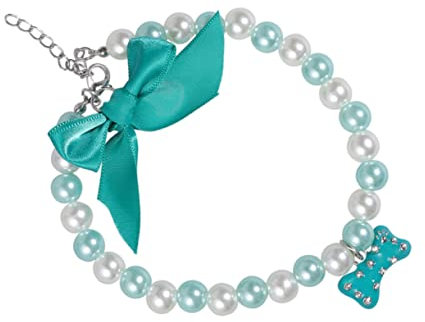FRCOLOR Pet Bowknot Pearl Necklace Dog Collar Light Blue and White Pendant, Small Size, Decorative Jewelry for Cats and Small Dogs