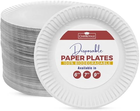 CHEF ROYALE 9-inch, (Pack of 100) Disposable Paper Plates for Parties Heavy Duty White Plates for Hot & Cold Foods - Eco-Friendly & Biodegradable Paper Plates (100, 9)