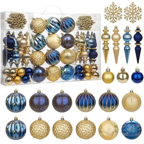 92ct Christmas Tree Decoration Set Christmas Ball Ornaments with Srtings Shatterproof Christmas Baubles for Christmas Holiday Wreath Garland Party Decoration, Blue-Gold